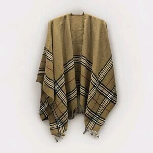 Unbranded Tan Plaid Ruana Wrap Shawl With Fringe Preppy Granny Open Front